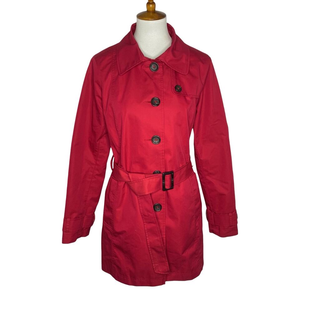 L.L. Bean Old Port Trench Coat Womens Medium Red Belted Cotton Blend Preppy